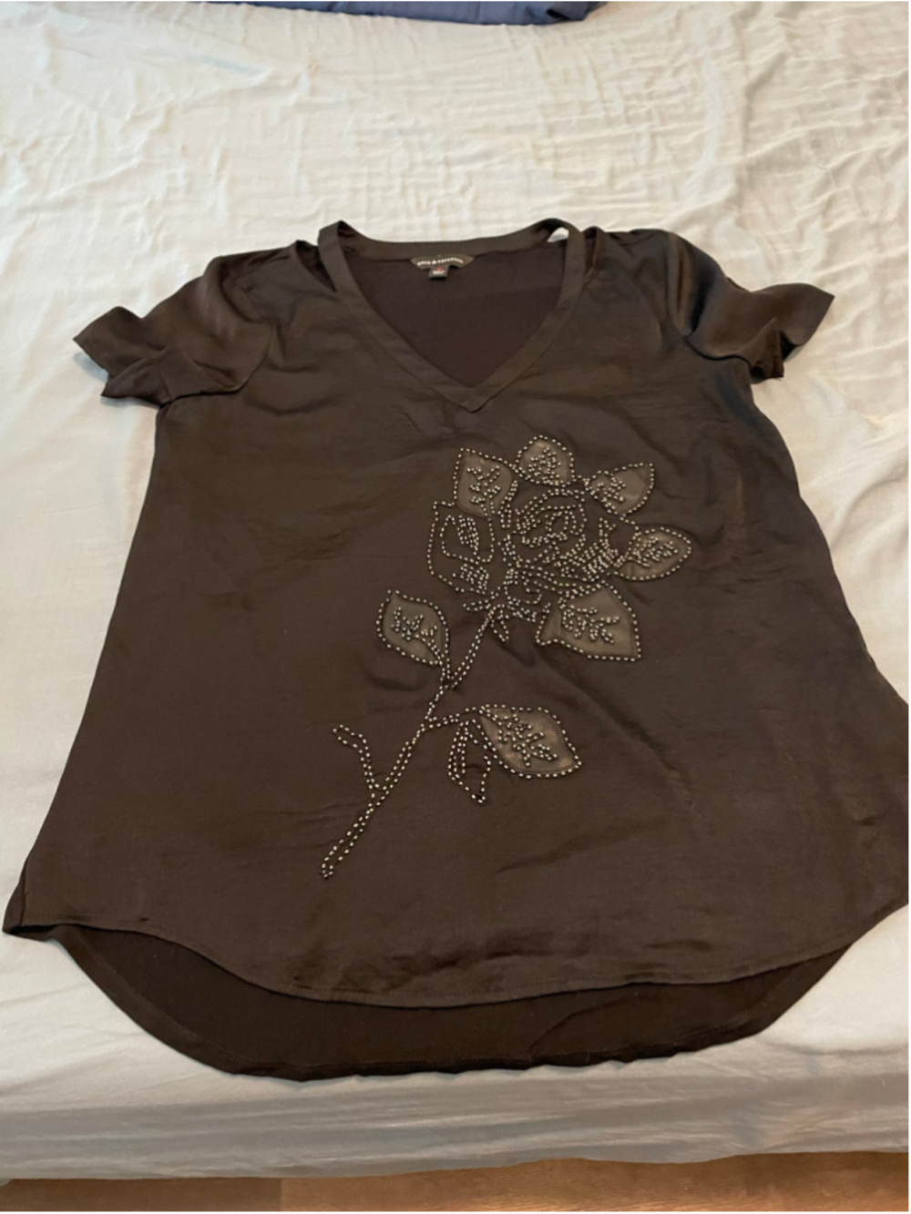 Women's Rock & Republic Black Short Sleeve Tee with Silver Rose Detail, Size M